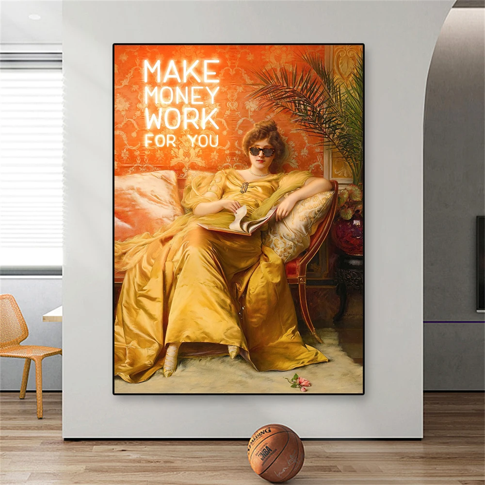 Money Lady Poster Vintage Altered Neon Words Prints Modern Classical Art Renaissance Canvas Painting Bar Wall Decor for Home