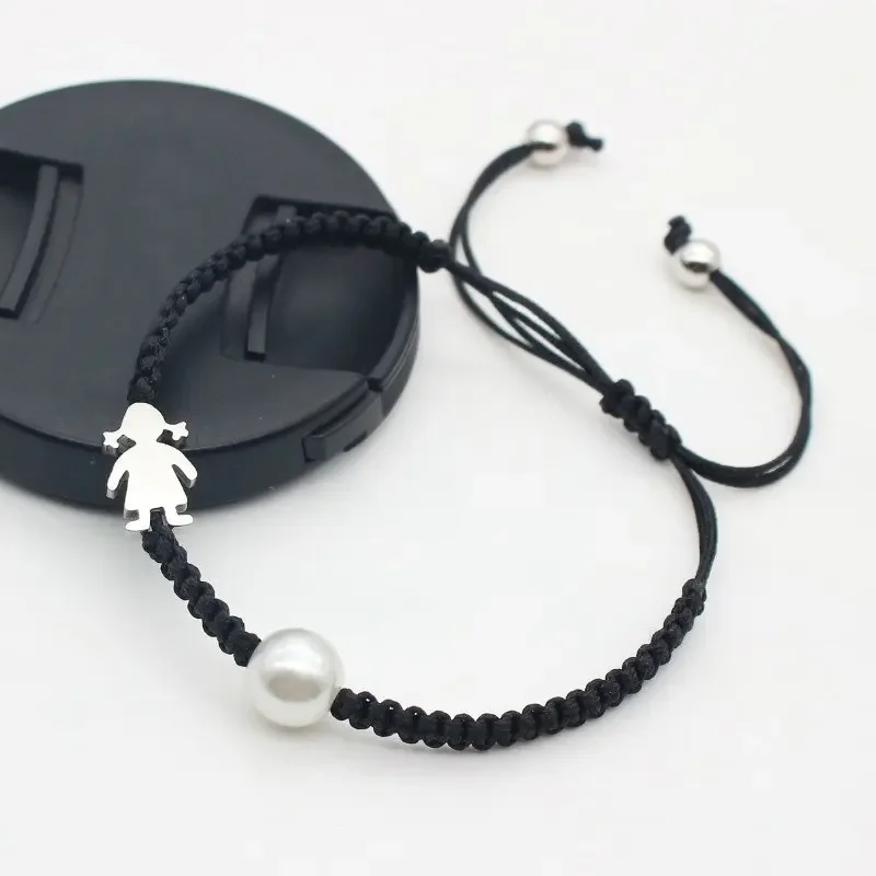 Cute Stainless Steel Little Girl Charm Bracelet Imitation Pearls Braided Adjustable Rope Bracelets for Women Jewelry Gift