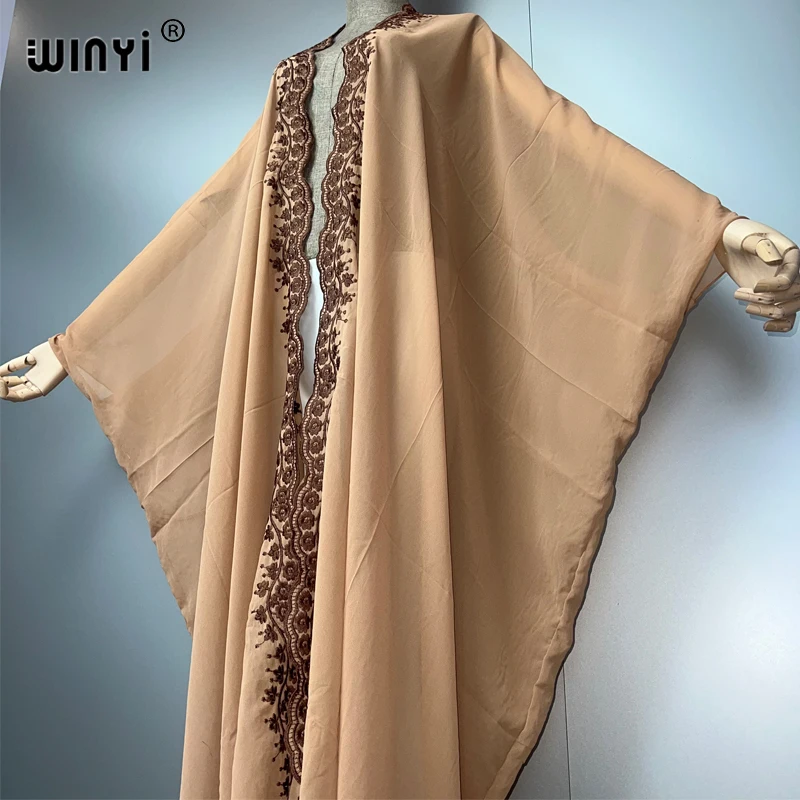 WINYI boho kimono Chiffon embroidery Cardigan sexy  evening dress abaya dubai luxury cover-ups beach outfits women party dress
