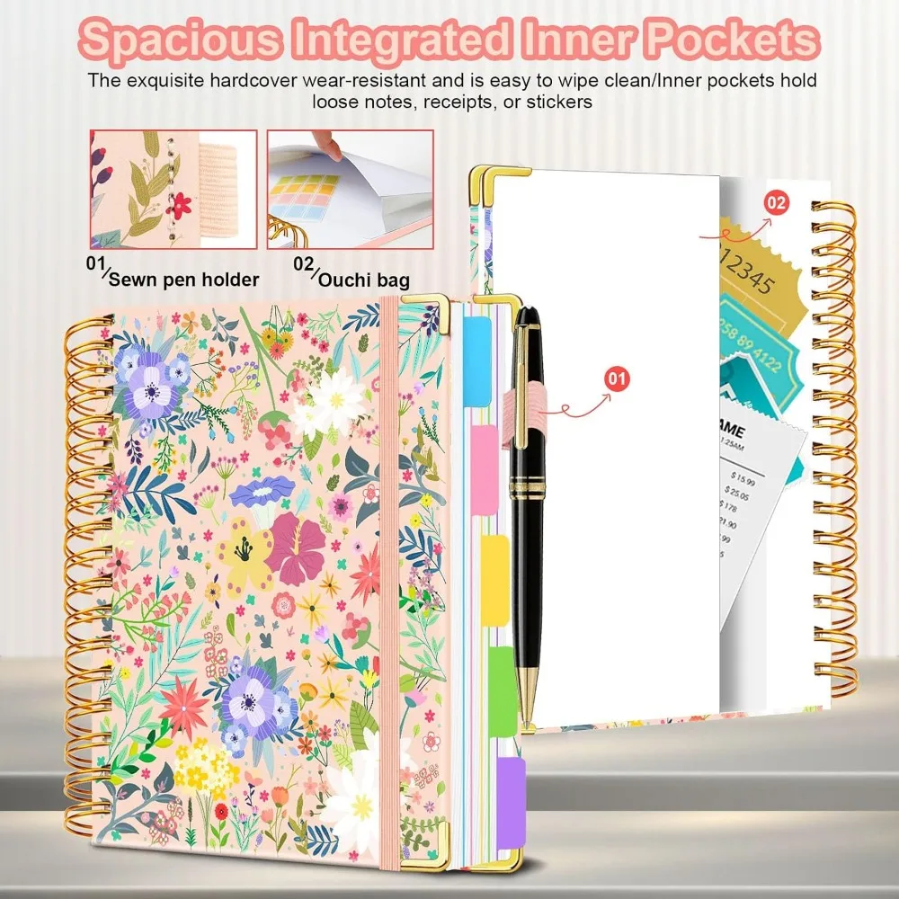 300-Page 5-Subject Spiral Notebook, College Ruled, 8x10 Inches, with Dividers & Tabs, Beige Bloom