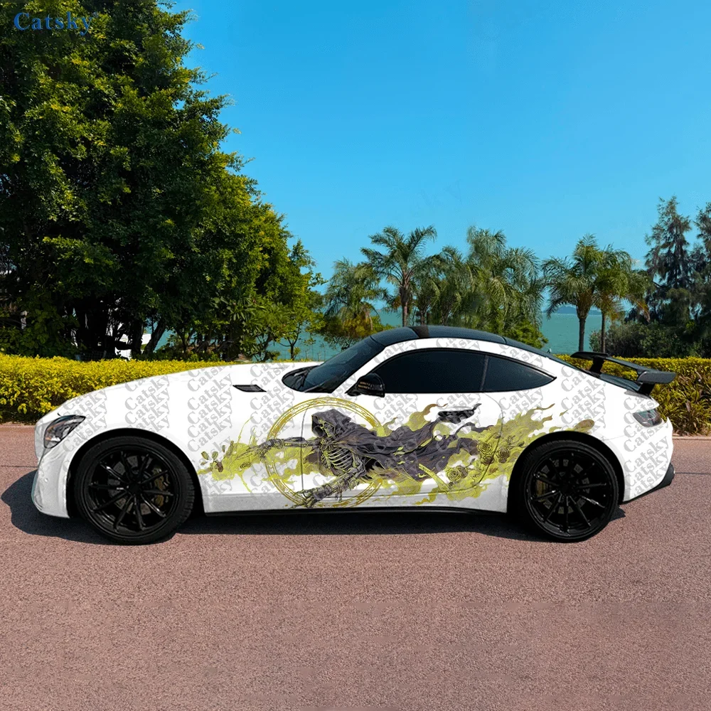 2pcs Flame Cloak Skeleton Car Side Sticker Decoration, PVC Waterproof Scratch Resistant Decal, Car Protection, Auto Accessories