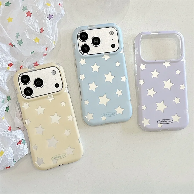 Korean Ins Star Print Case For iPhone 15 16 17 Pro Max Cute Pastel Yellow Blue Purple Colors Dots Shockproof Cover