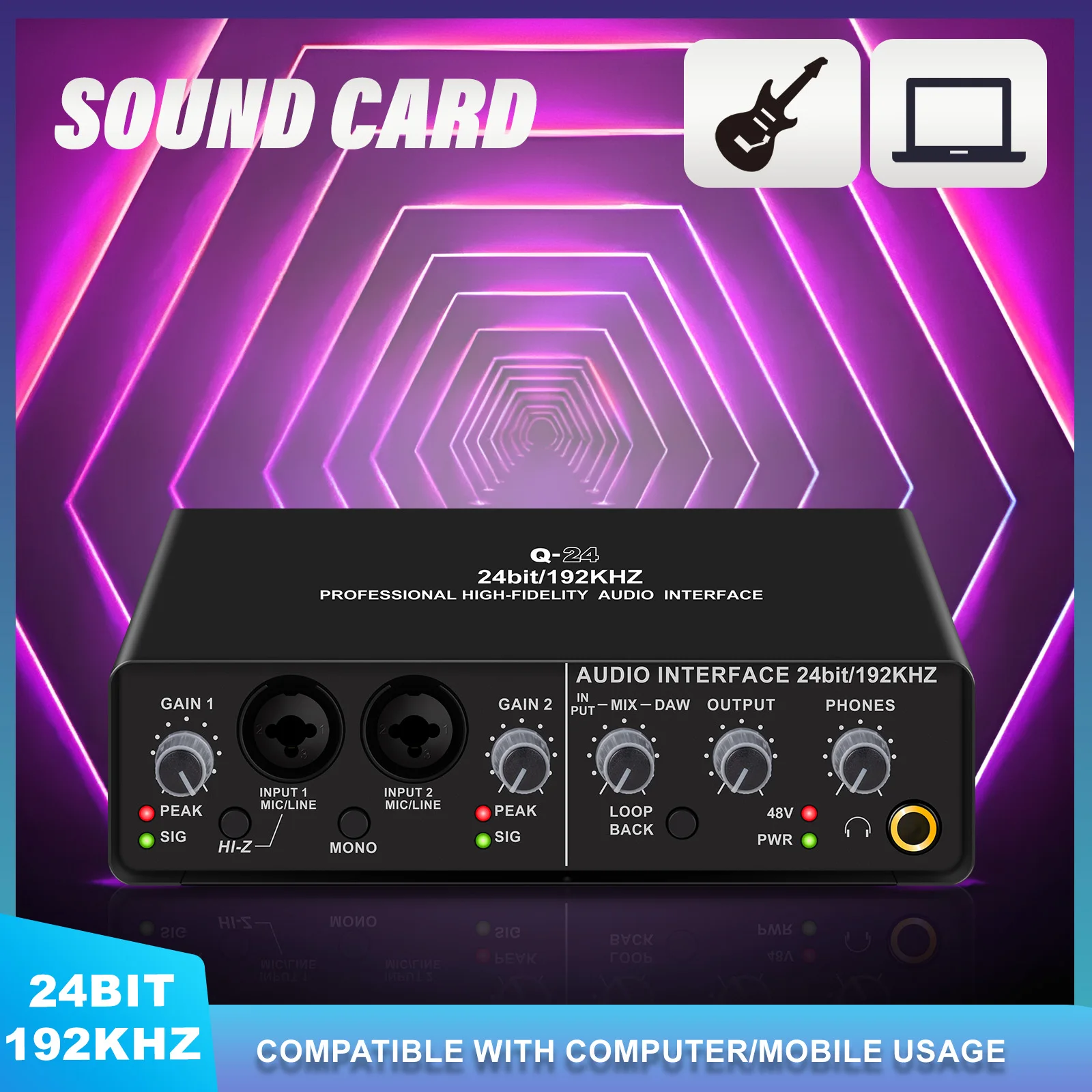 Professional Audio Interface USB Recording Sound Card with 24 bit/192 kHz High Audio resolution 48V Power