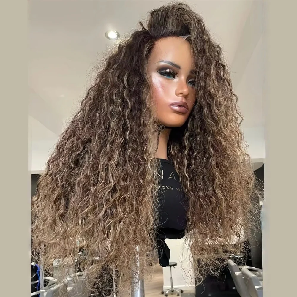 26インチ-180密度-ハイライトブロンド-キンキーカーリー-レースフロントウィッグ-女性用-ベビーヘア付き-合成繊維-ディープパート-デイリーウェアウィッグ