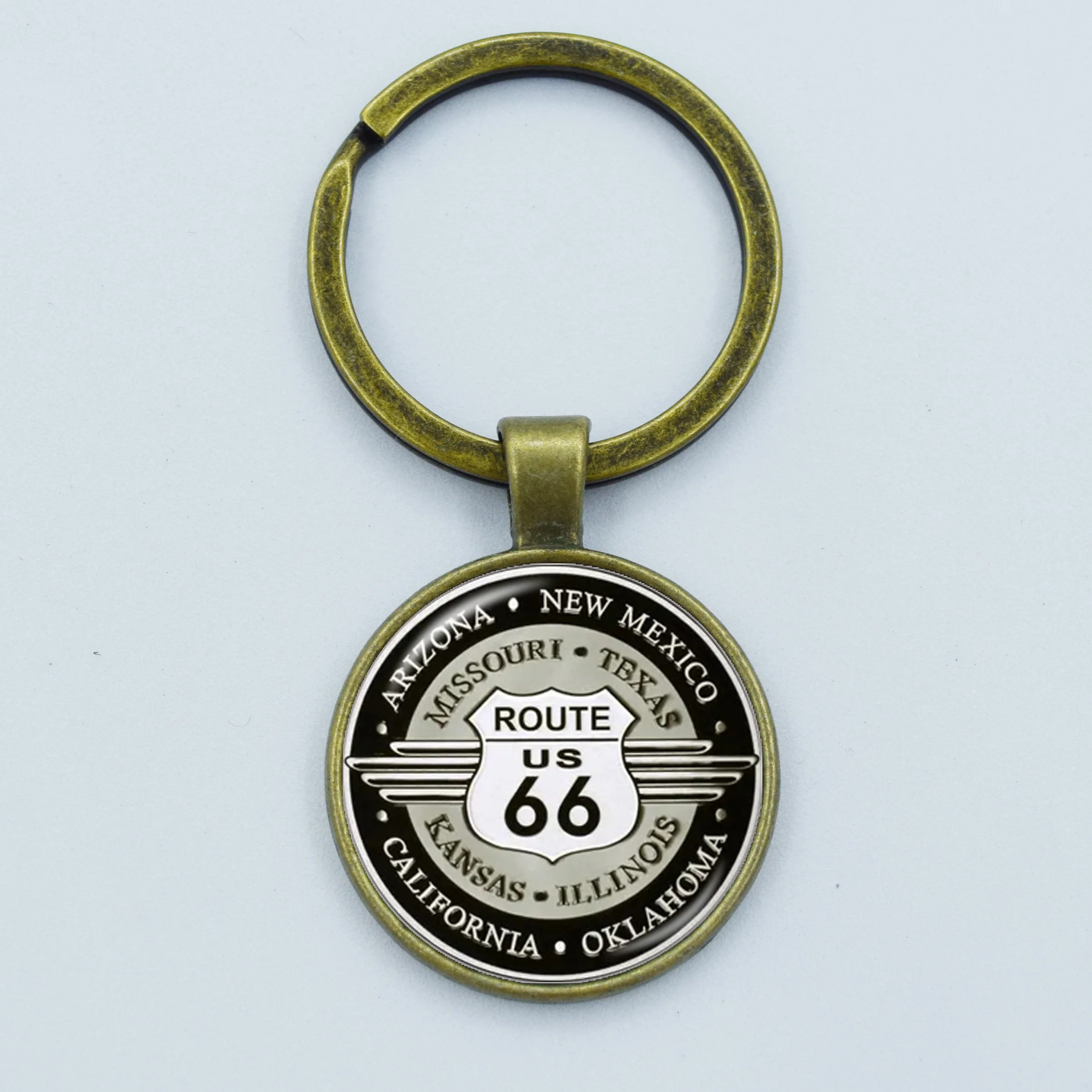 Vintage ROUTE 66 Keychain Motorcycle Car Keyring Handmade Glass Cabochon Key Chain Holder Women Men Jewelry Gift