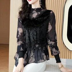 Spring Autumn Office Lady Chiffon Shirt Lace Patchwork Asymmetrical Elegant Blouse Women Fashion Printed Ruffle Long Sleeve Top