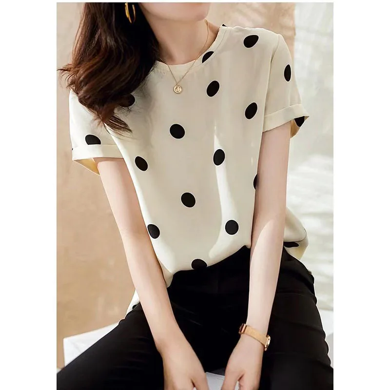 Mode O-hals Korte Mouwen Gedrukt Polka Dot Blouse Vrouwen Kleding 2023 Zomer Nieuwe Oversized Casual Truien Koreaanse Shirt