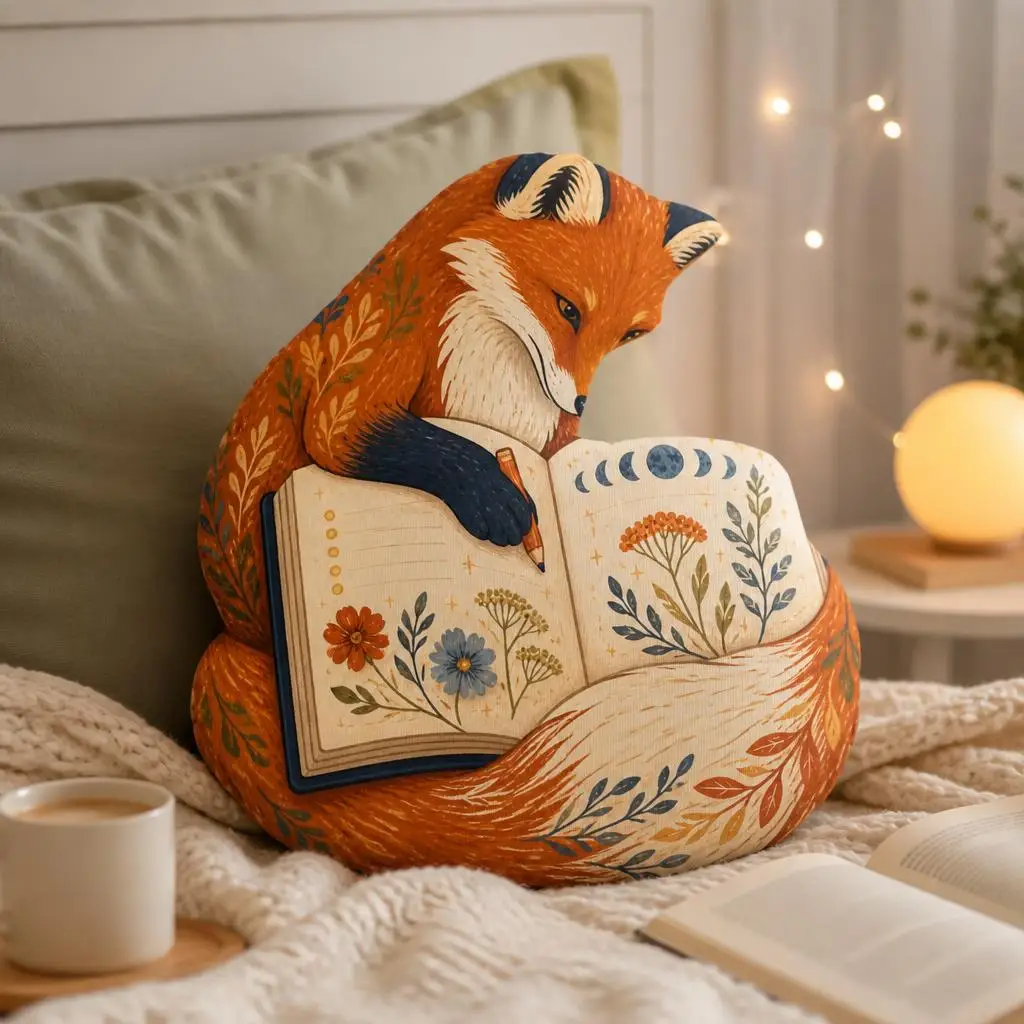 Reading Fox Plush Pillow Botanical Cottagecore Cushion for Book Lovers Stuffed Throw Pillow Cozy Home Decor Gift for Readers