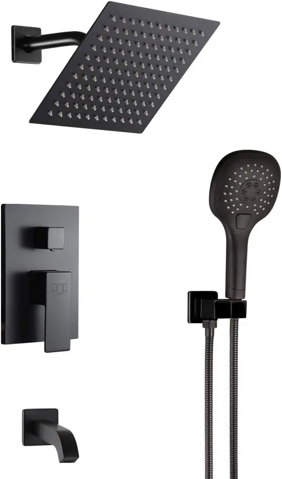 Matte Black Shower Faucet Set with Tub Spout Bathroom Rainfall 8 Inch Shower Head System with Handheld Single Handle