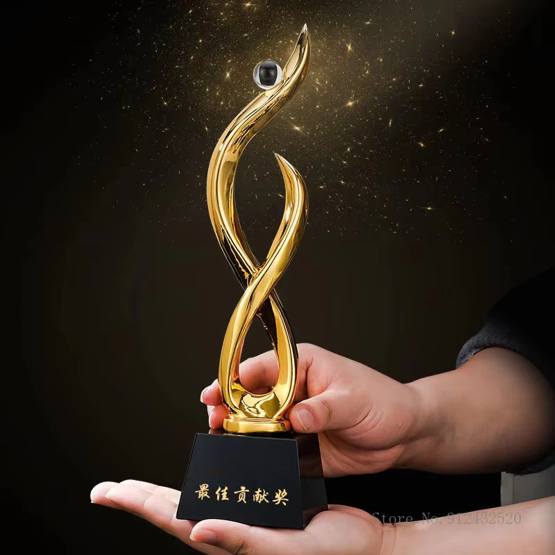 Customized Resin Trophy, Electroplating Golden, Creative Crystal Base, Gift Box, Excellent Employee Annual Meeting Souvenir, 1Pc