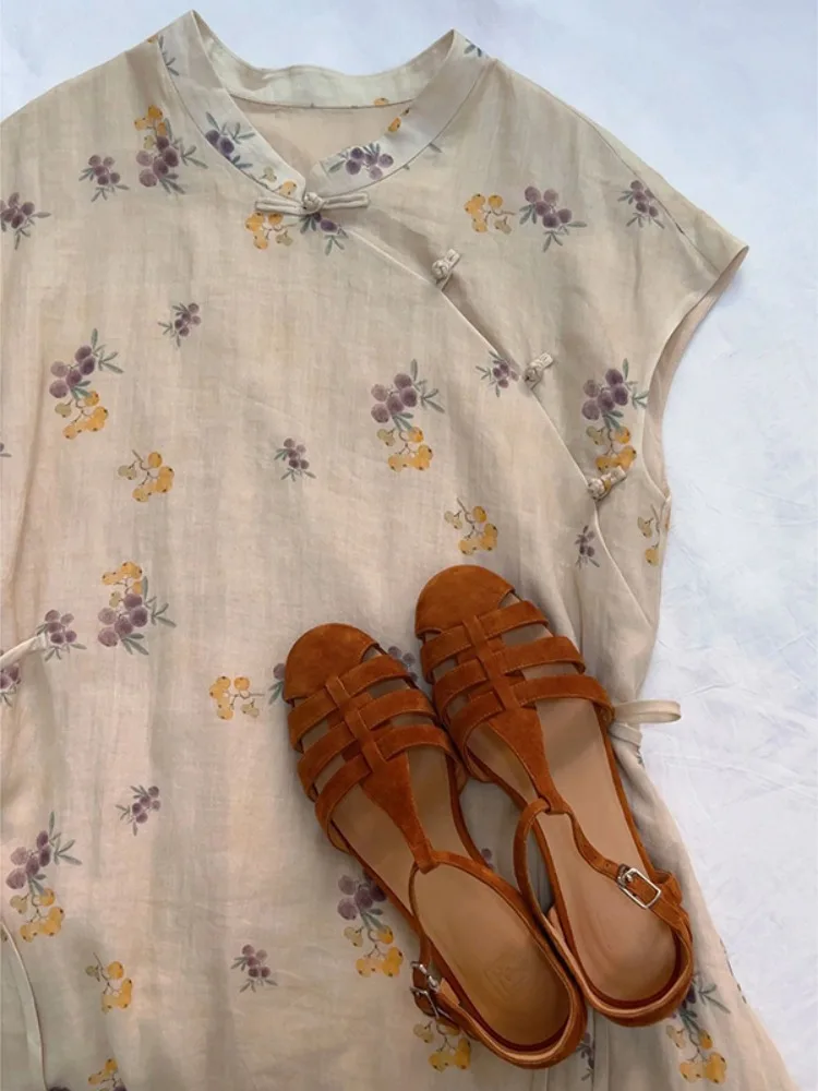 Chinese Sle Vintage Zijde Katoen Linnen Bloemenprint Dr Vrouwen Zomer Zijknop Taille Cinched Beltl Zwart...