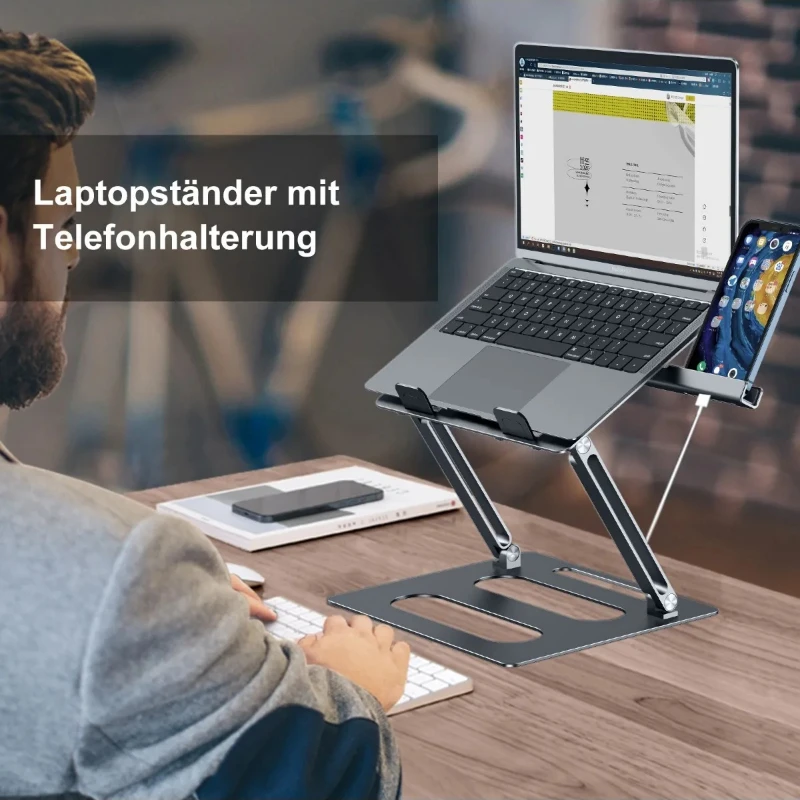 Oatsbasf Aluminum Metal Laptop Stand Ergonomic Foldable Height Adjustable with Phone Stand Cooling Computer Base for Office Home