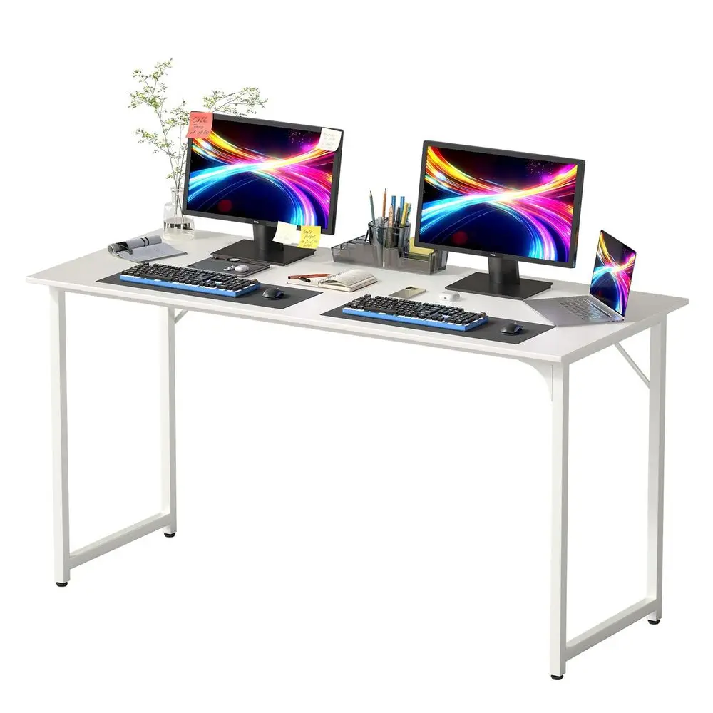 

55 Inch Computer Desk White Office Desk with Metal Frame, Adjustable Feet WaterResistant, Scratchproof Surface Sturdy Writing T