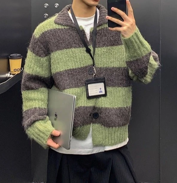 Retro Striped Contrasting Cardigan Autumn and Winter New Loose Casual Sweater Jacket Men