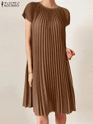 Summer Sexy Mini Dress 2023 ZANZEA Women Casual Short Sleeve Party Elegant Sundress O-Neck Pleated Solid Color Vestidos Robe