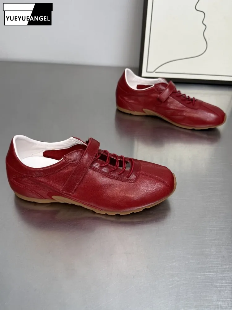 

Leisure Cross Tied Female Solid Color Genuine Leather Hook Loop Pumps Handmade Round Toe Chunky Heel Sheepskin Ladies Footwear