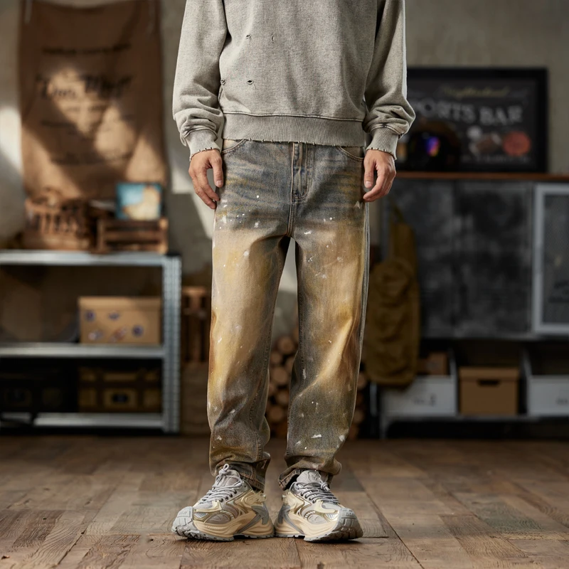 American retro  autumn and winter washed new loose splashed ink Harem patchwork jeans men's pants baggy jeans