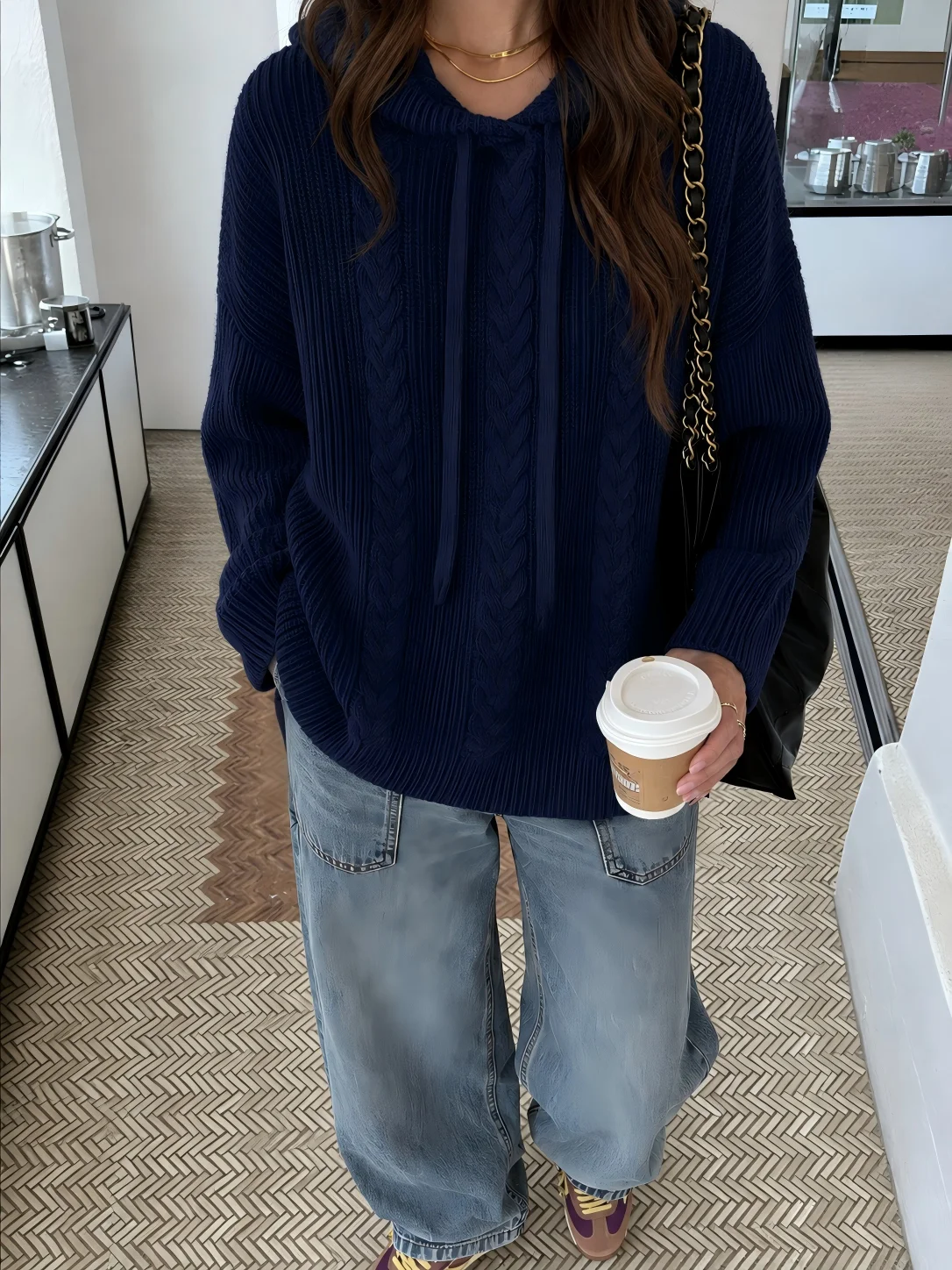 Plus Size Women Cable Knit Drawstring Hooded Pullover Sweater, Drop Shoulder Loose Casual Hoodie Knit Top for Autumn Winter
