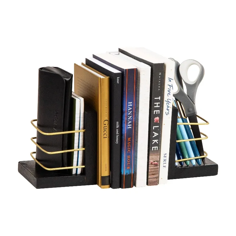 Decorative Basket Bookends, Office Decor with Storage, Wood and Metal, Set of 2, Black and Gold