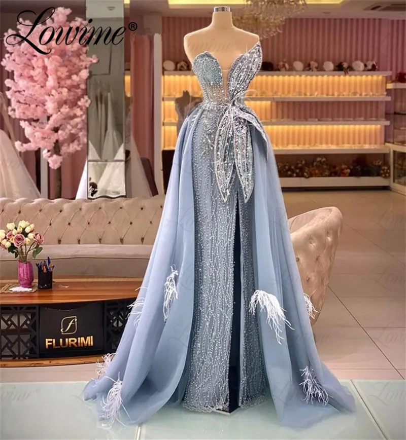 Robe de Soirée de Forme Sirène avec Plumes Bleues, Tenue Longue avec Poignées et Traîne Amovible, Perles aniques de Dubaï, 2023