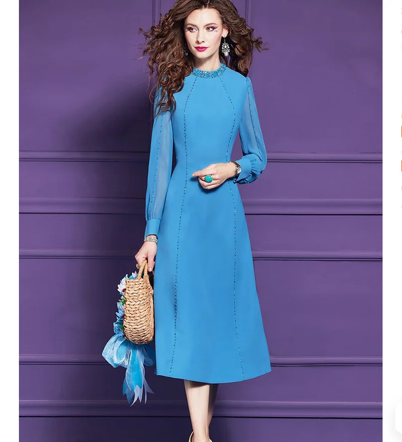 

Autumn fashion temperament nail bead blue dress dignified and elegant long skirt