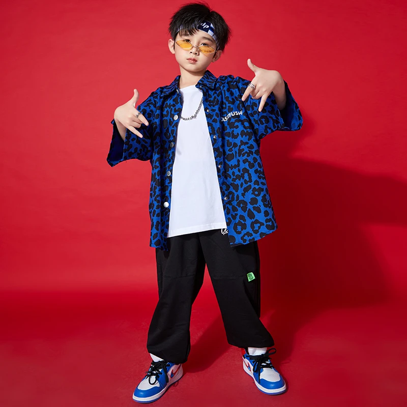 Kids Hiphop Kleding Blauw Print Oversized Luipaard Shirt Top Streetwear Joggingbroek Voor Meisjes Jongen Dans Kostuums Kleding