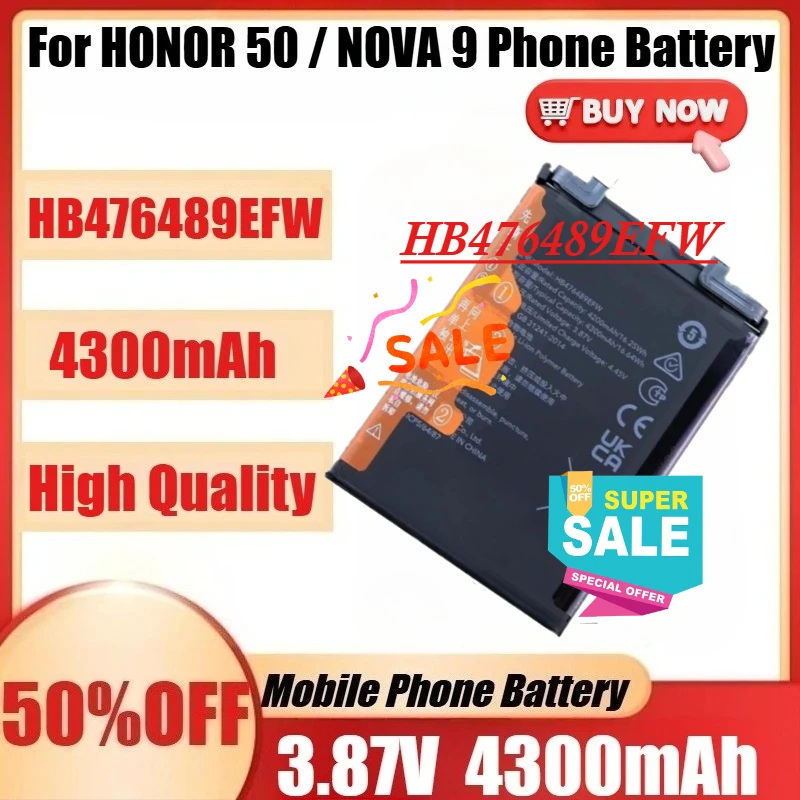 

For HONOR 50 / NOVA 9 Phone Batteries Batteria New HB476489EFW 3.87V 4300mAh High Capacity HB476489EFW Battery