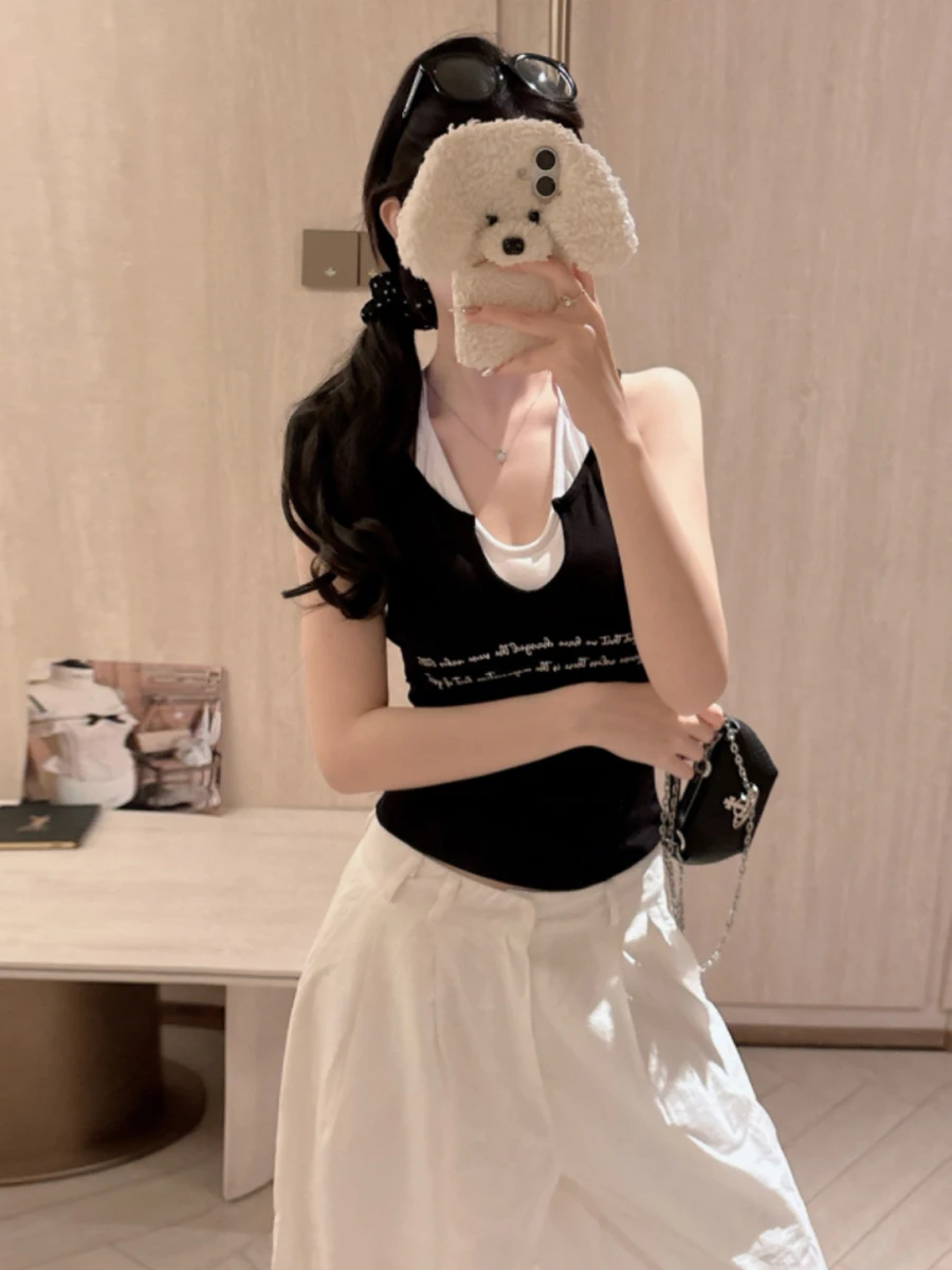 Spicy Girl Color Block Fixed Cup Vest Strapless Letter Print Short Sleeve Women's Top Fashionable Versatile Neck Hanging Design