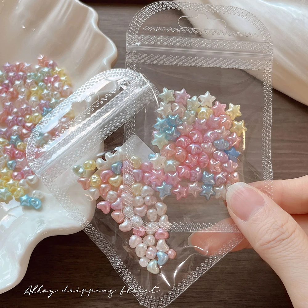 100PCS 2PACKS Macaron Star Heart 3D Pearlescent Pearl Rhinestone Nail Charms Mixed Color 6.5*10mm for Manicure DIY Love Heart