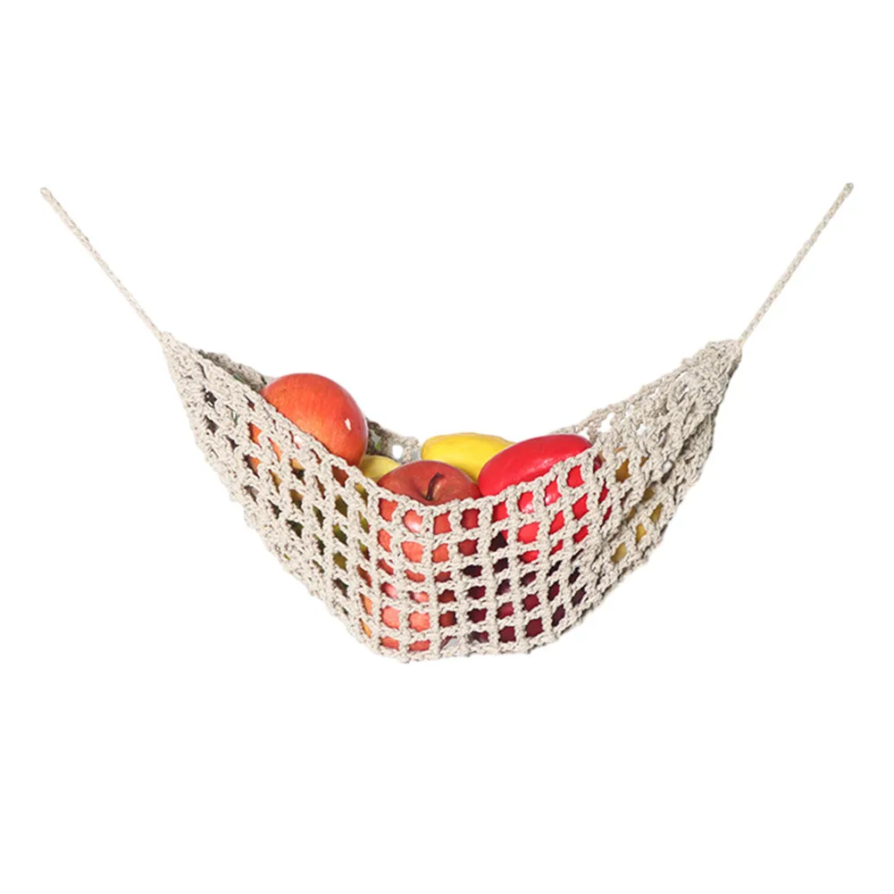 Hand-Woven Macrame Fruit Cotton Rope Net Under Cabinet Fruit Vegetable Hanging Basket Kitchen Storage Organizer Decoration