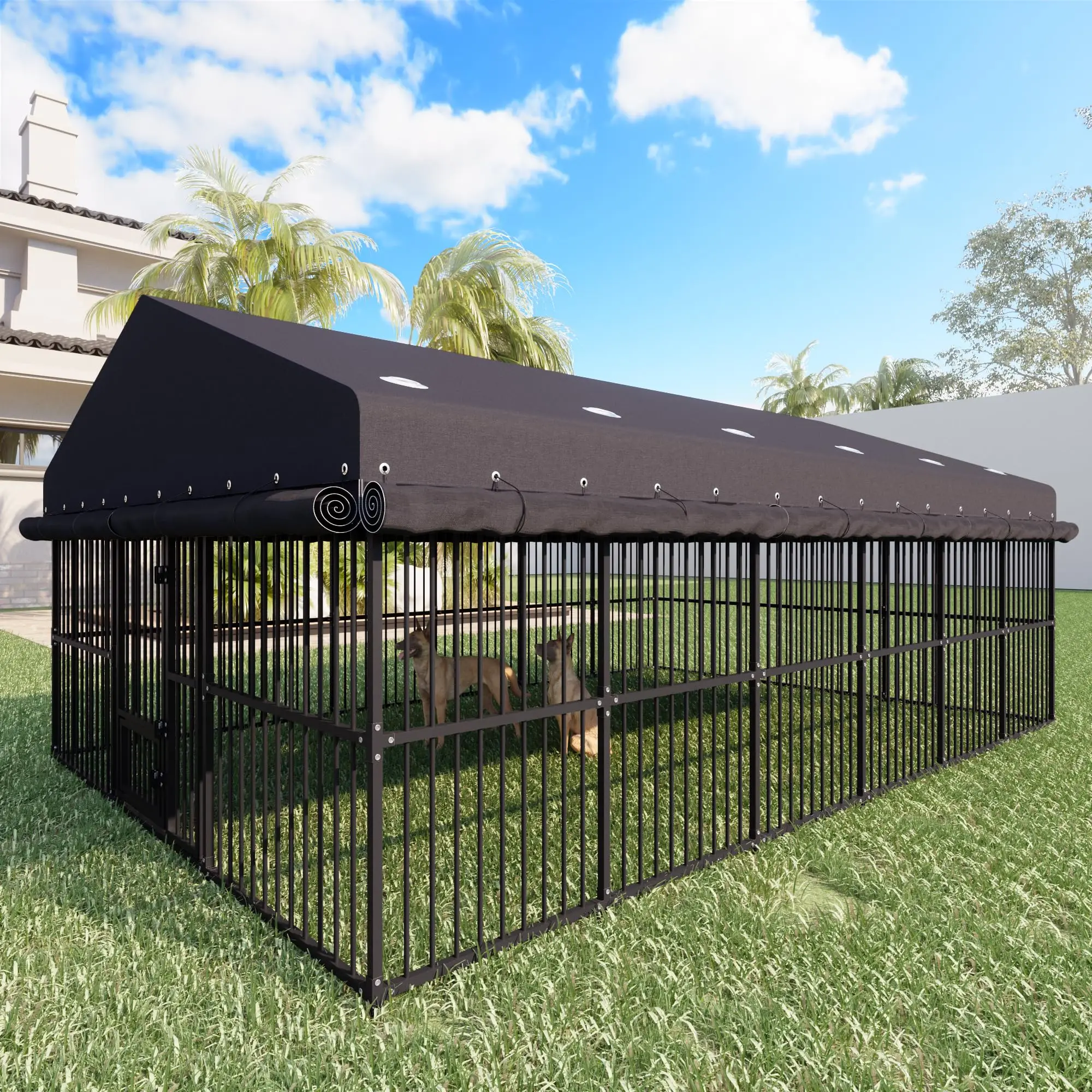 10x15x6 FT Dog Kennel, Outdoor Dog House with Roof All Weather Resistant Large Dog Enclosure Cage with Triple Locks