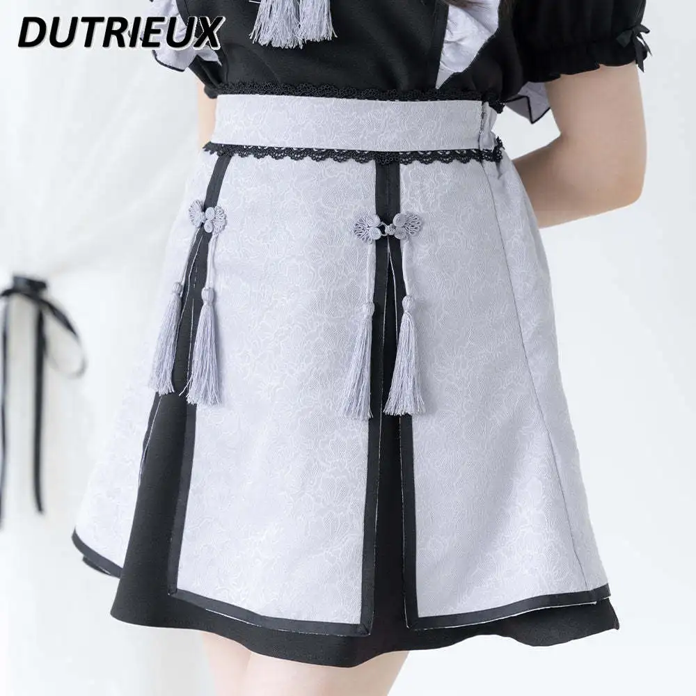 

Summer New Chinese Style High Waist Short Skirt Sweet Girls Pleated Lace Stitching Heavy Industry Slimming A- Line Mini Skirts