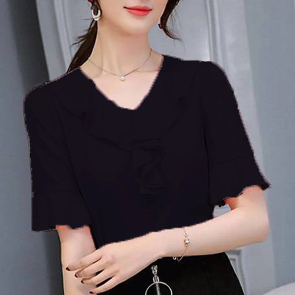 Camisas e blusas femininas chiffon causal manga curta camisa verão simples topo moda versátil solto com decote em v cor sólida topos
