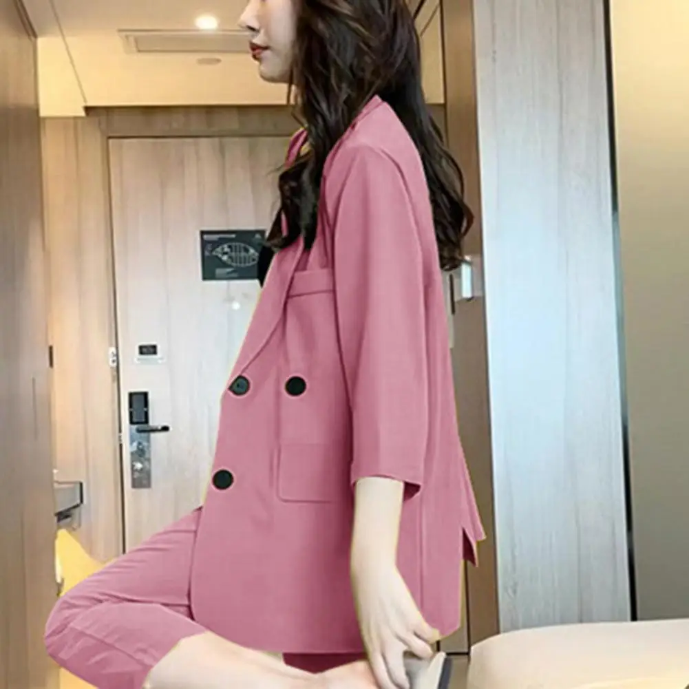 

Functional Pocket Suit Coat Elegant Women's Double Breasted Suit Jacket with Flap Pockets Casual Everyday Business Outwear