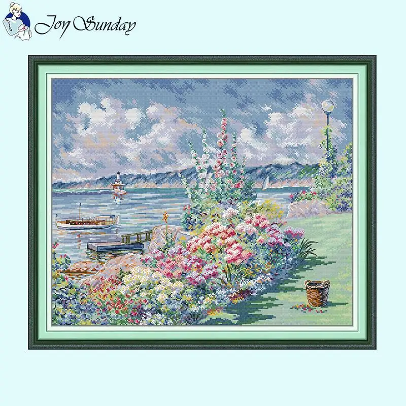 Flower Coast Oil Painting Scenic Pattern Cross Stitch Set 14CT 16CT 11CT Counted Canvas Printed Embroidery Kits DIY Home Decor