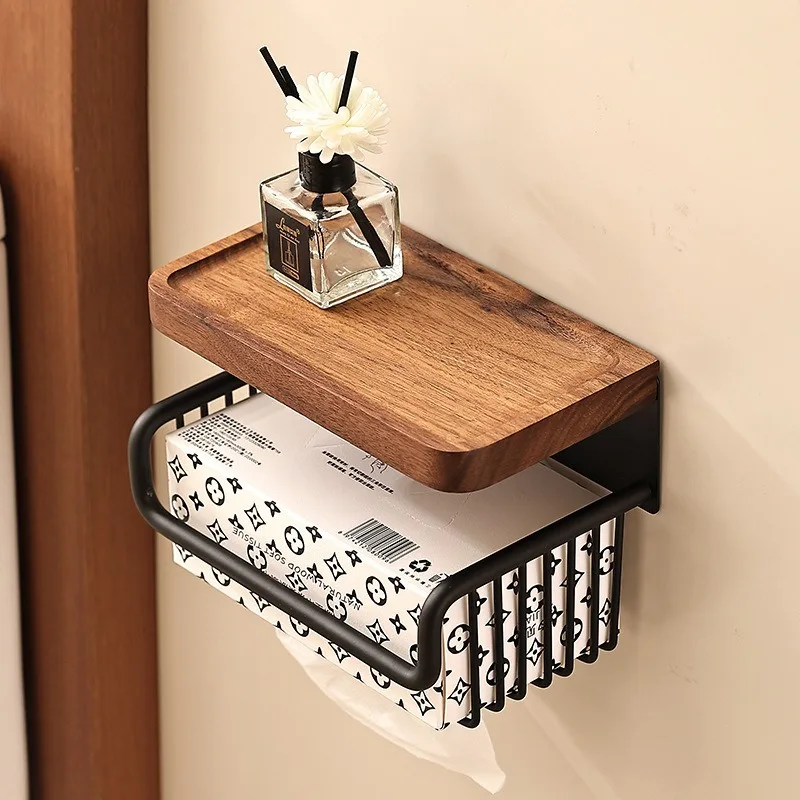 For Walnut Tissue Holder Punch Free Wall Mount Bathroom Facial Towel Roll Paper Storage Basket Dispenser