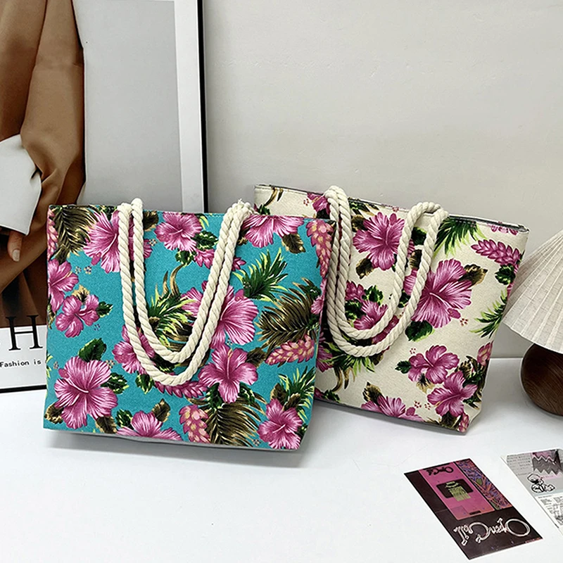 Large Capacity Flower Printing Handbag Beach Bag Shoulder Bag Cotton Linen Tote Bag Zipper Flower Ethnic Style Handbag