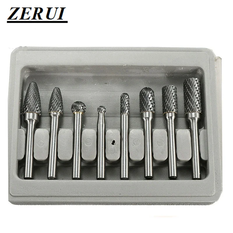 8Pcs Set Double Cut Carbide Rotary Burrs Bit CNC Engraving 1/4