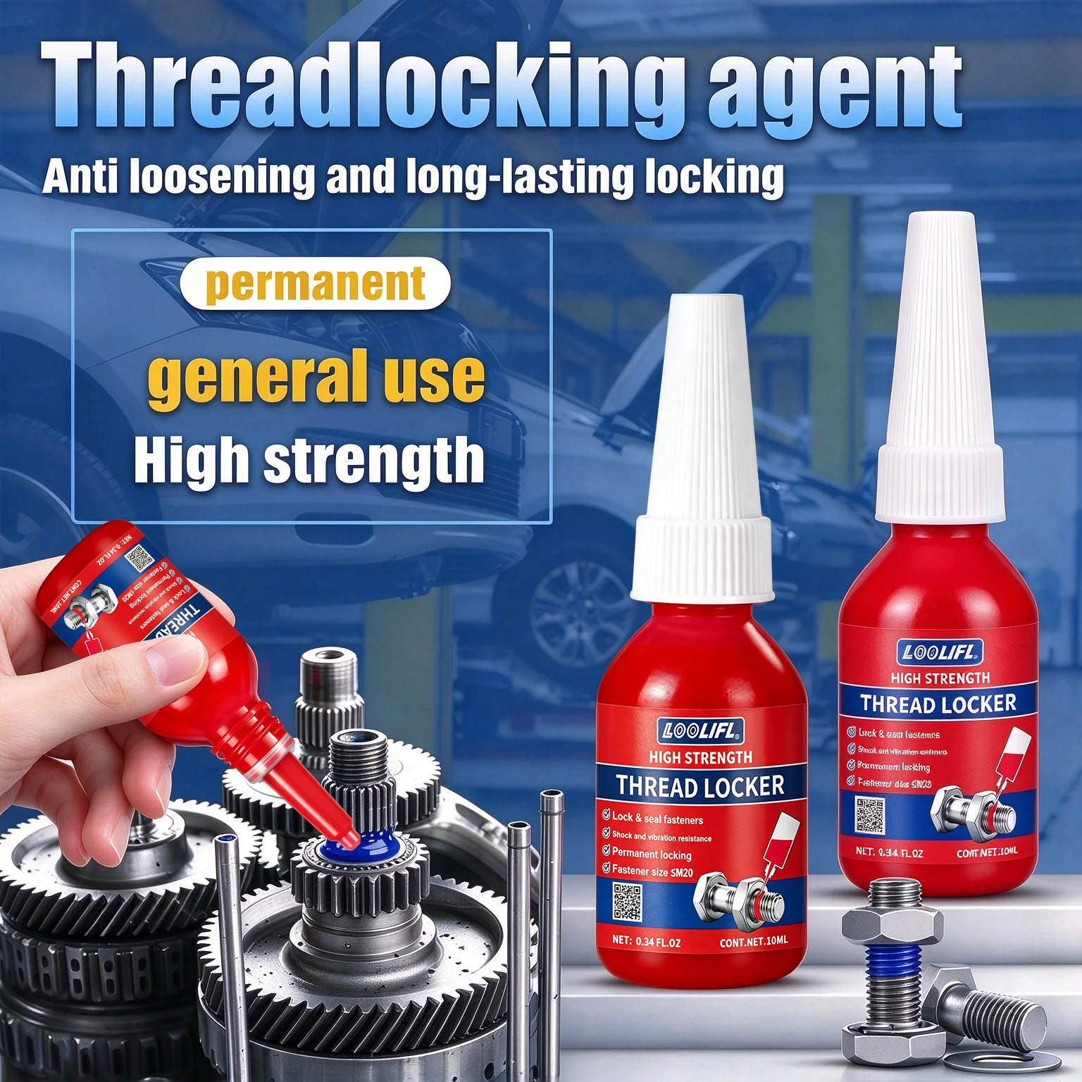 High-Strength Red Threadlocker 10ml Screw Fastening Adhesive Anti-Vibration Thread Sealant Suitable for Repairing Metal Bolts, Nuts, and Fasteners