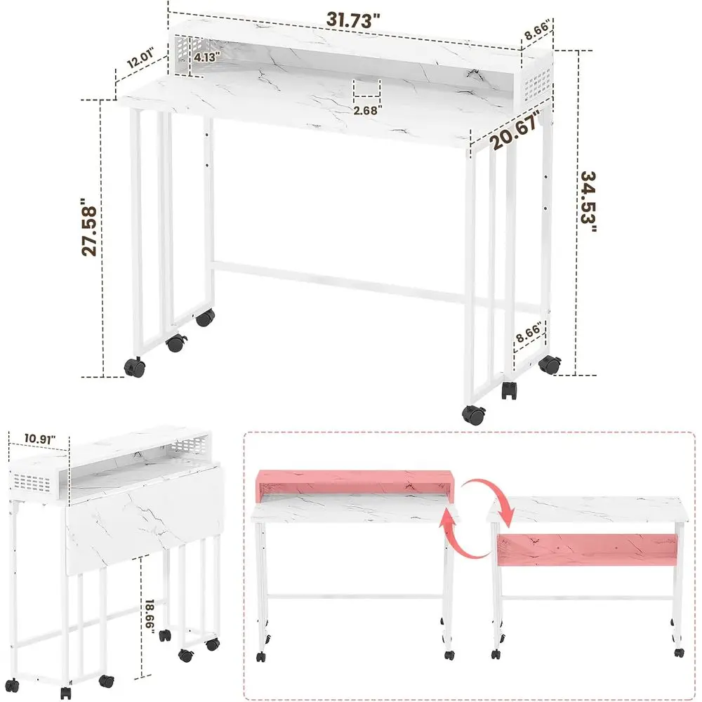 مكتب رخامي أبيض محمول مع مساحة تخزين للمكتب المنزلي، طاولة جانبية للأريكة، مناسبة للمساحات الصغيرة، 31.5 #3