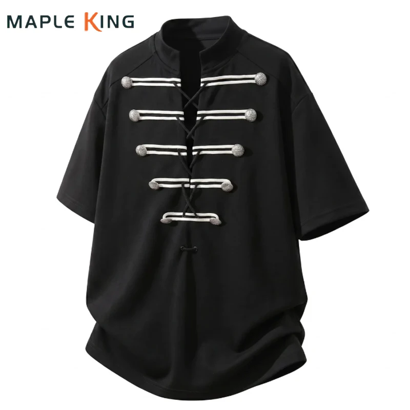 Palace Style Men's Drawstring Metal Buckle Designer T Shirts Luxury Gothic Clothes Stand Collar Short Sleeve Man Streetwear Tops