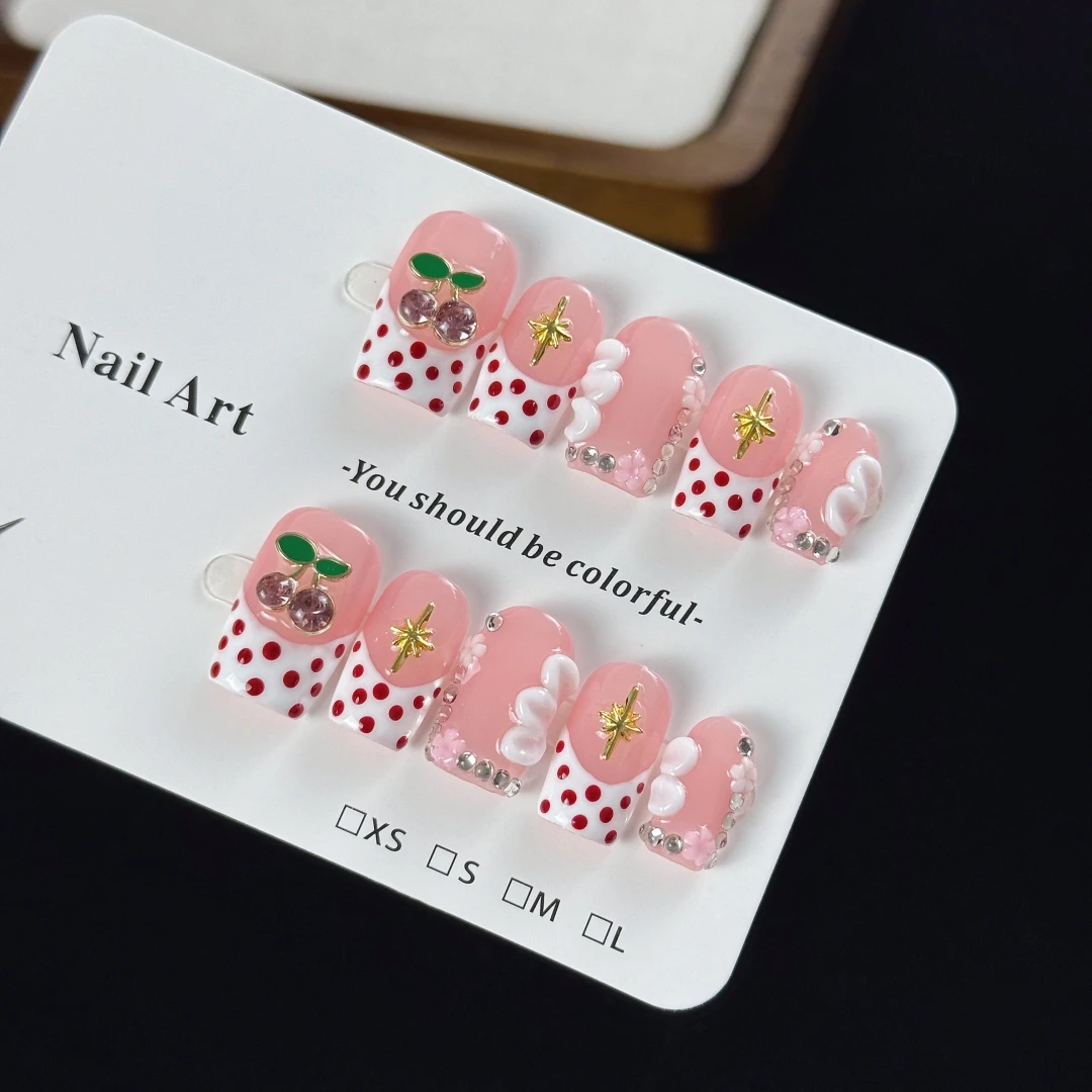 10pcs High-end Style girl version, hand-painted polka dot pattern, small cherries, flowers, with tiny diamond handmade fake nail image 3