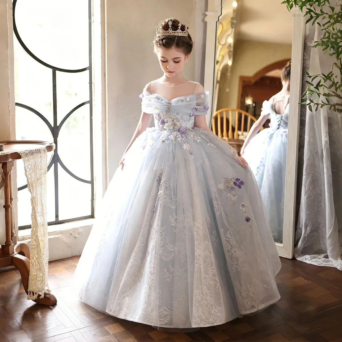 2026 One Shoulder Puff Sleeve Flower Girl Dress Round Neck Hollow Waist 3D Floral Appliqué Princess Dress Girl Draft Dress