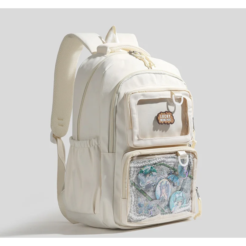 Cream White Ita Backpack, Dual Clear Window School Bag with Lucky Patch, Casual Student Rucksack for Pin & Badge Display