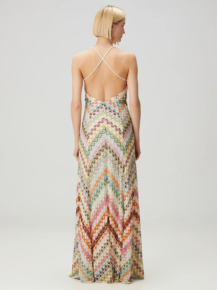 Chaxiaoa Veelkleurige Backless Gebreide Sexy Maxi Jurk Damesmode Spaghetti Mouwloze Hoge Taille Club Party Lange Jurken