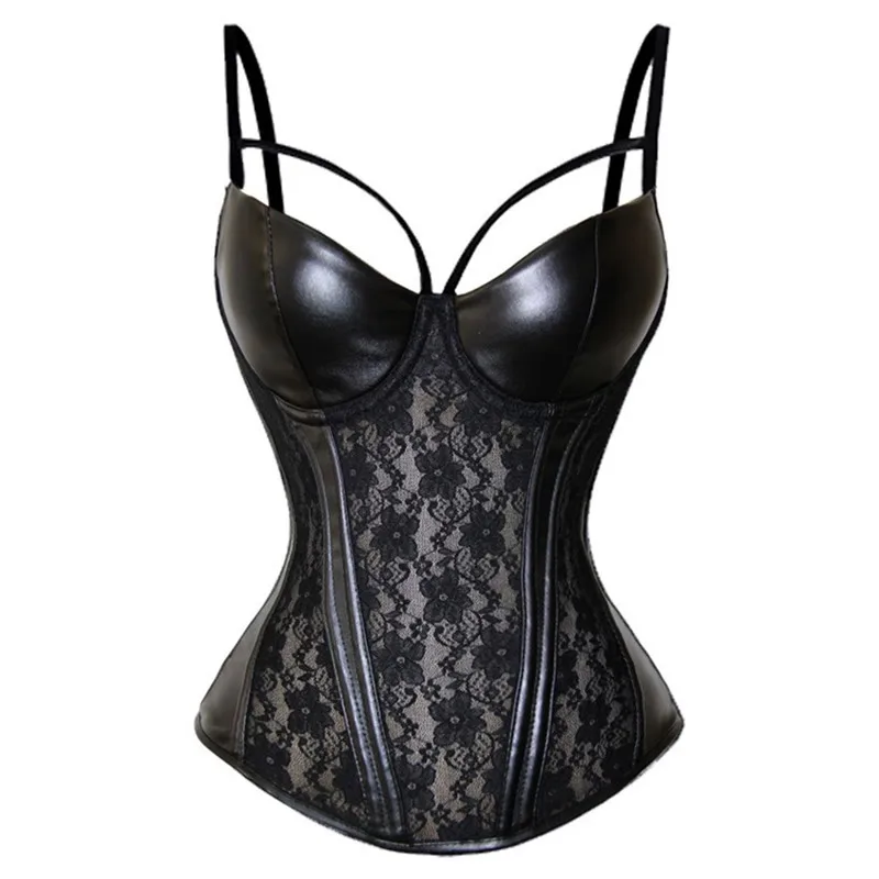 

Faux Leather Corset Bustier Sexy Lace Breathable Suspender Gorset Padded Cup Korsett Plus Size Korset