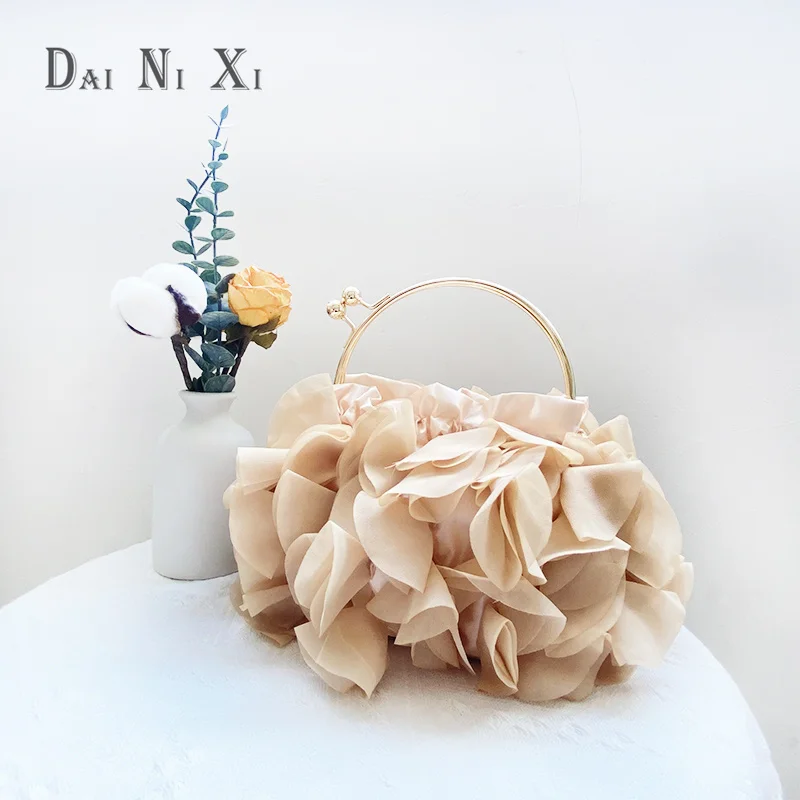 Dai Ni Xi Luxury Silks Flower Clutch Tote Bag Ladies Bridal Handbag Metal Handle Women Wedding Satin Purse