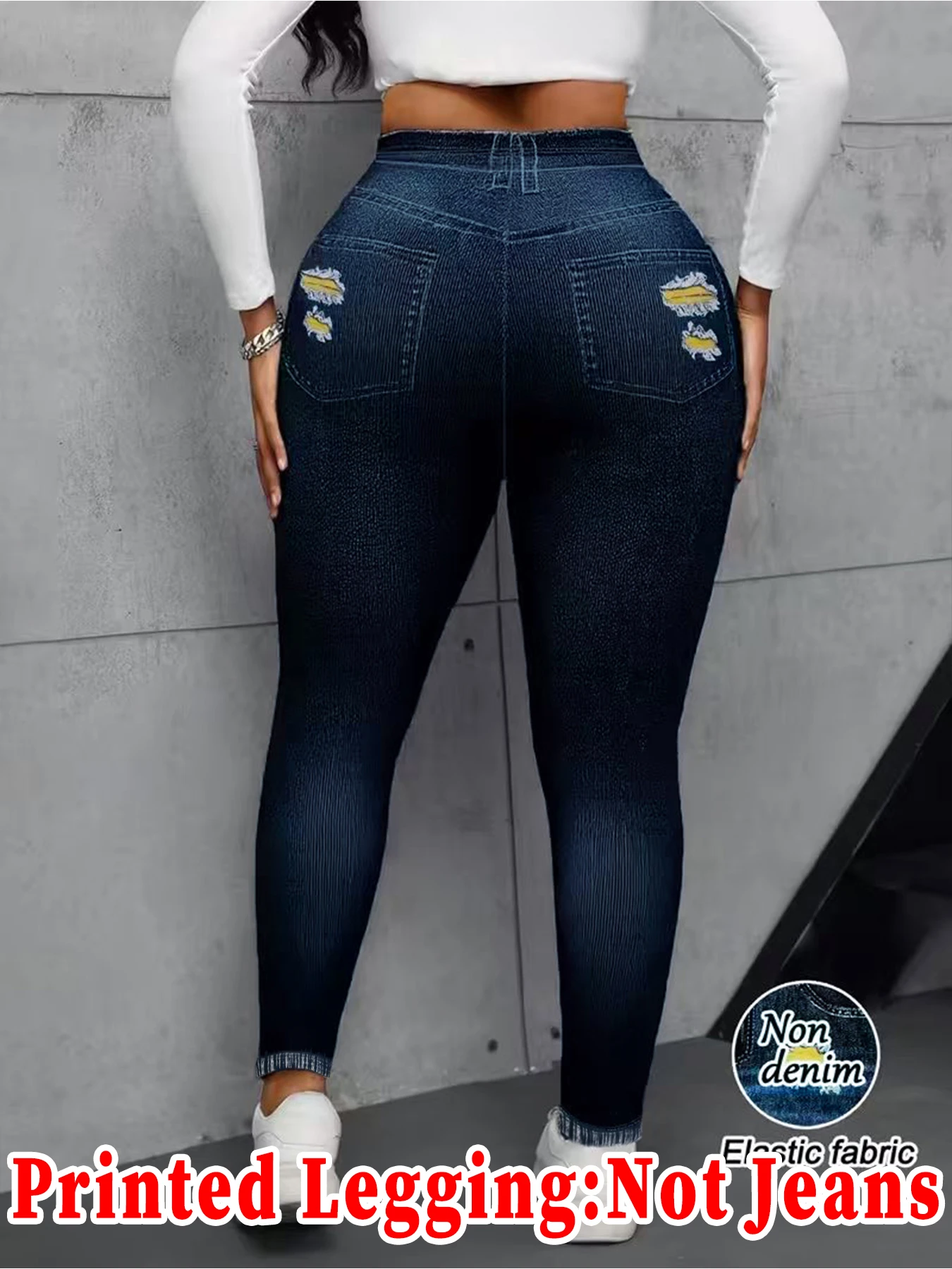 Damen Ripped Faux Denim Leggings, Hohe Taille, Stretch, Skinny, Nicht aus Denim, Fake Jeans, Lässige Vielseitige Sport-Slim-Hose – Detail 3