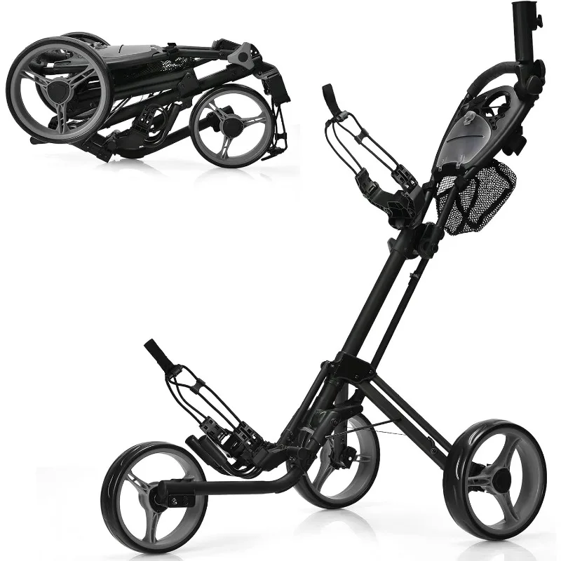 

GYMAX Folding Push Cart, 3 Wheel Height Adjustable Lightweight Trolley W/Umbrella Holder & Mesh Bag, Quick Open Fold Golf Cart
