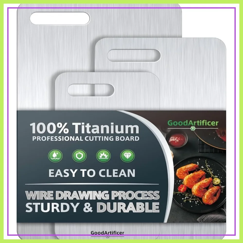 

Titanium Cutting Boards Set of 3, Pure Kitchen Board, Double-Sided Non-Toxic, Dishwasher Safe with Handle